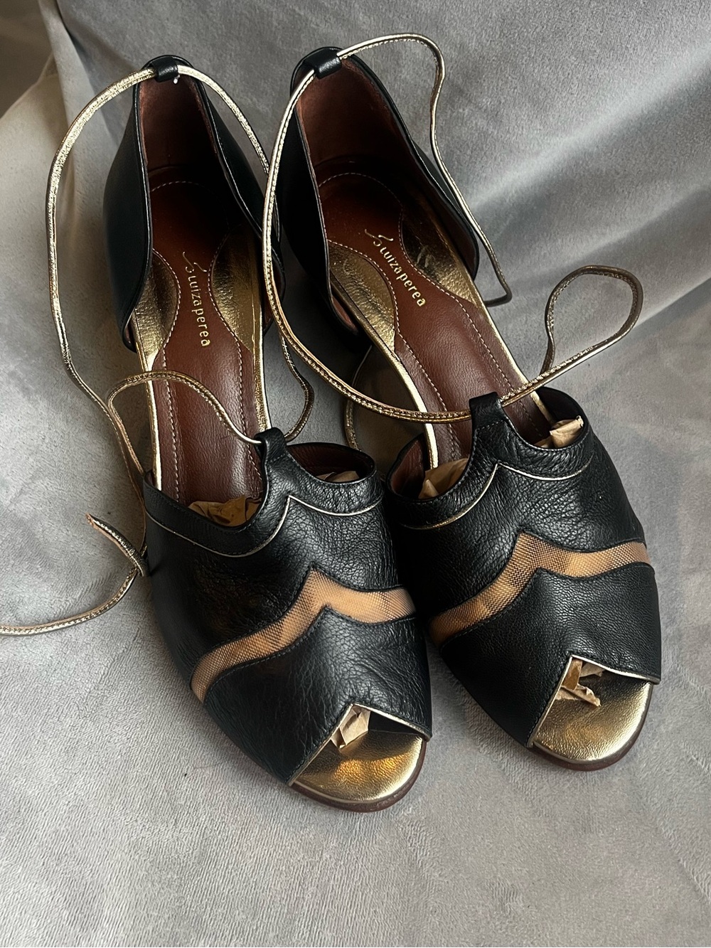 Anthropologie Black Leather Peep-Toe Heels with Gold Accents